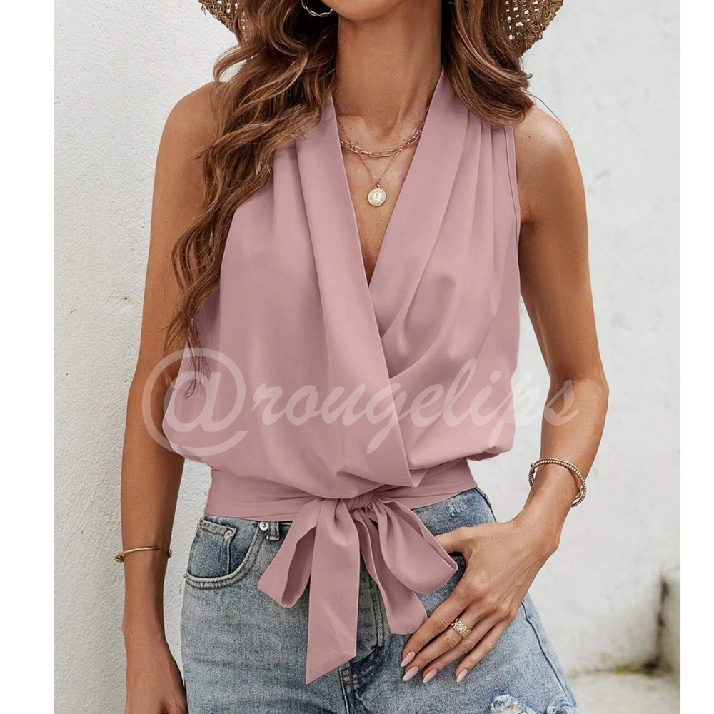 Sleeveless Tie-Waist Draped V-Neck Top - Dusty Pink